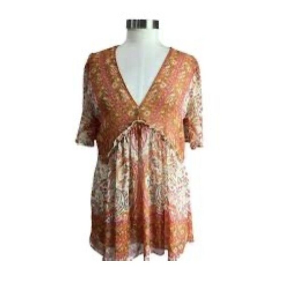 Rose +Olive Women's Orange Floral Tunic Top Size L Bohemian Peasant Fairy - Picture 2 of 6